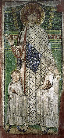 Saint Demetrius with children, one of very few Byzantine mosaics that escaped destruction from the hands of the iconoclasts.